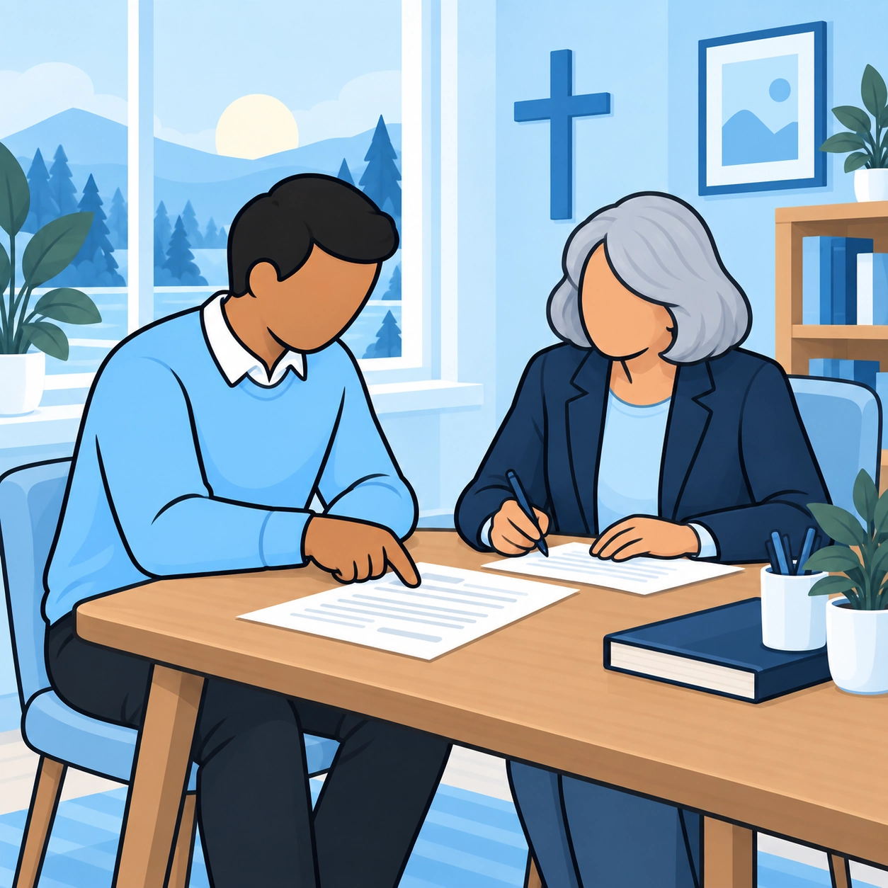 They review a document together.