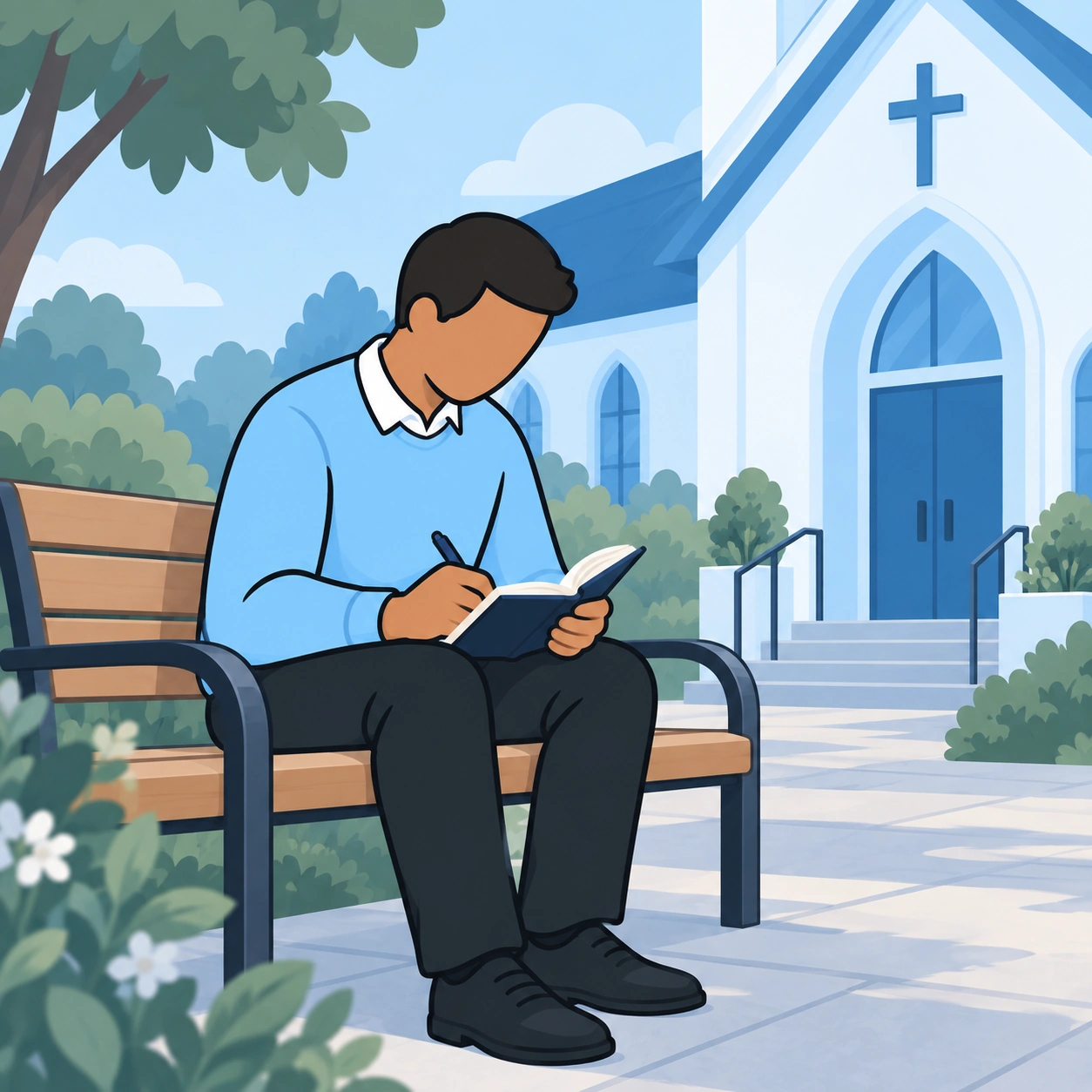 He reflects on his notes while sitting on a bench outside the church.