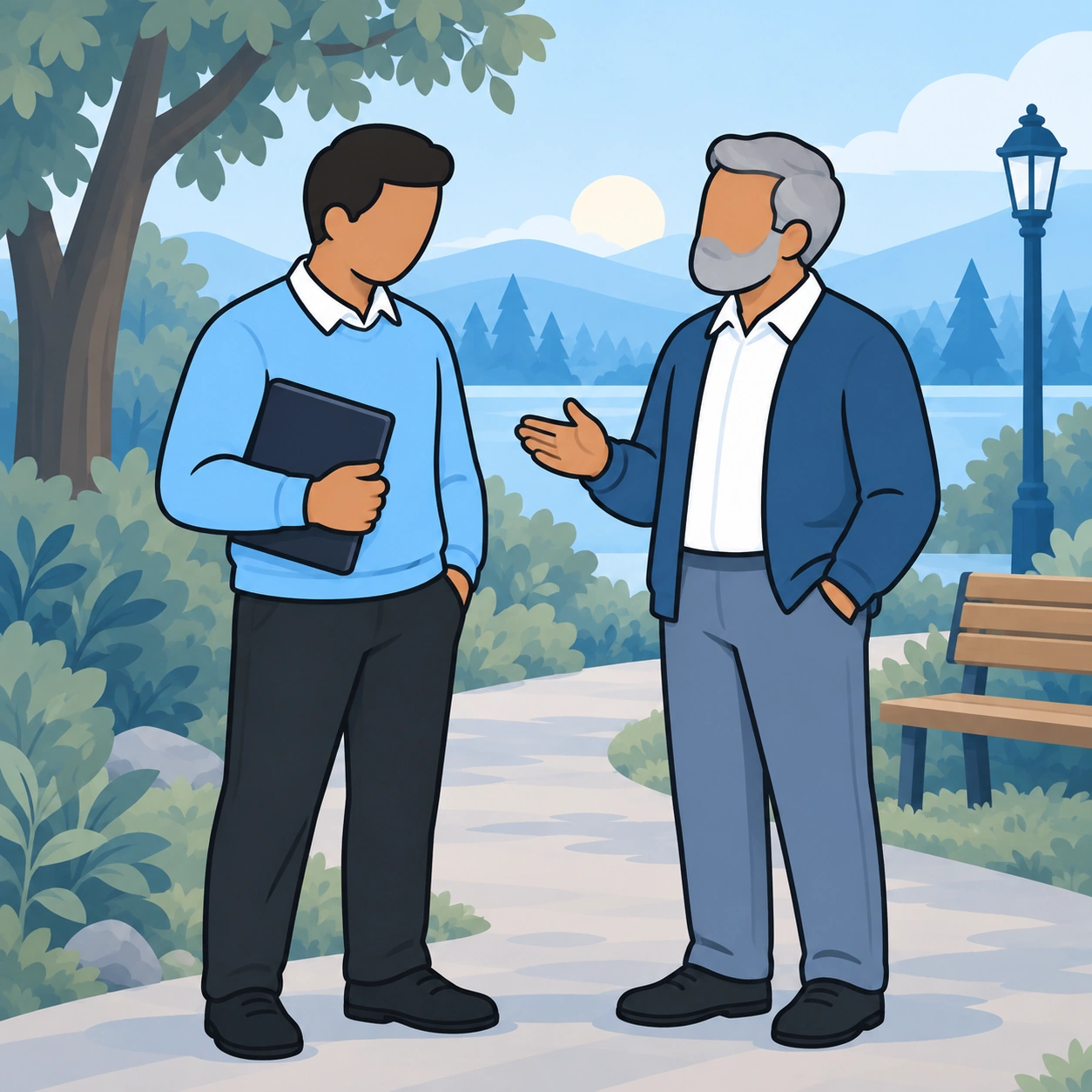 He talks with an older bearded man outdoors.