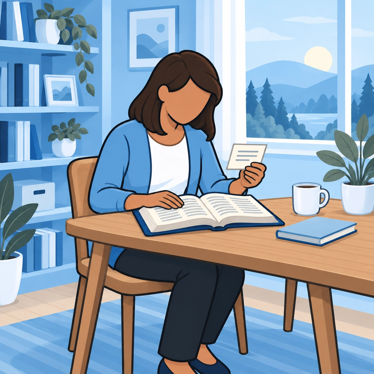 A woman compares a small verse card with the surrounding passage in an open Bible at her desk.
