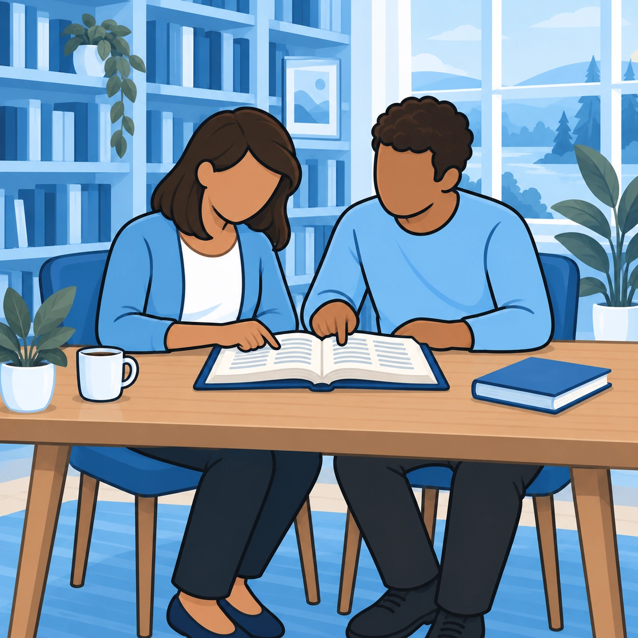 The woman and a short-curly-haired friend point to passages in an open Bible at a library table.