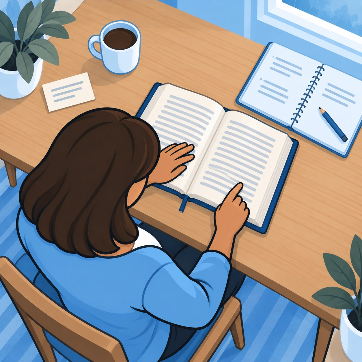 An overhead view shows the woman reading an open Bible with study notes and a verse card nearby.