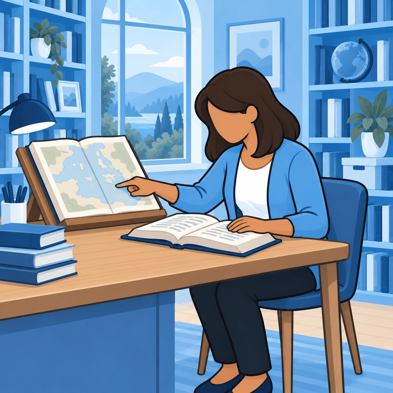 The woman compares an open Bible with an unlabeled reference map on a library bookstand.