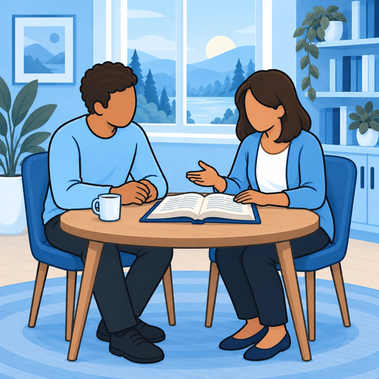 The woman discusses an open Bible passage with the same curly-haired friend at a round community table.
