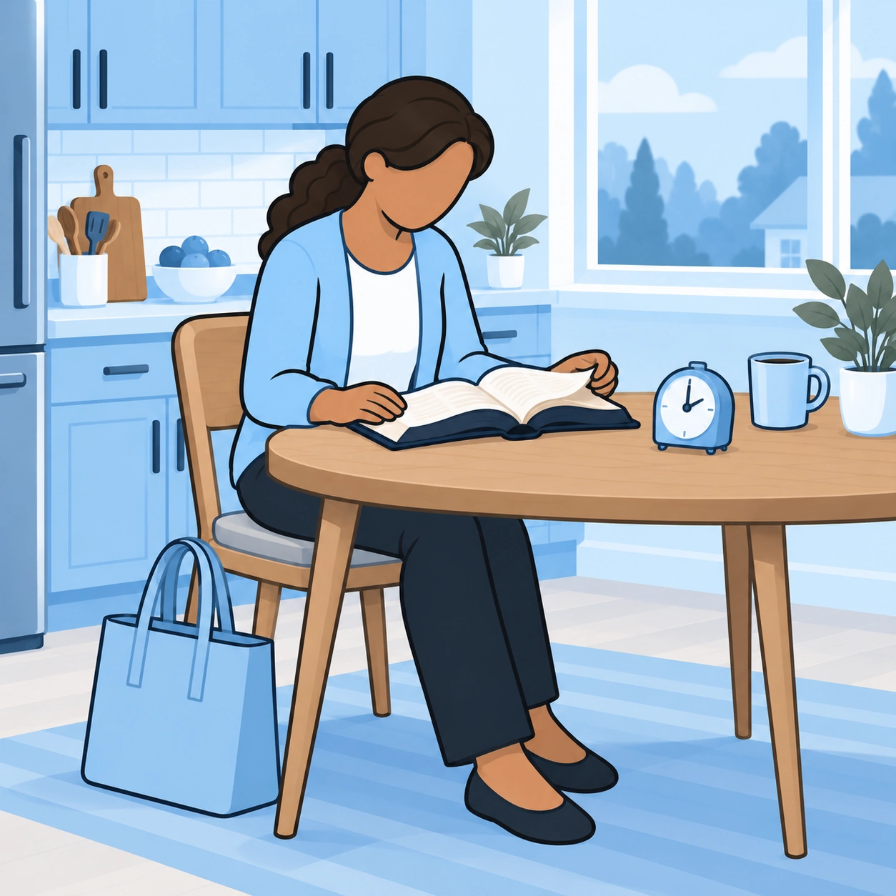 A woman reads her Bible at a kitchen desk beside a small timer and her work bag.
