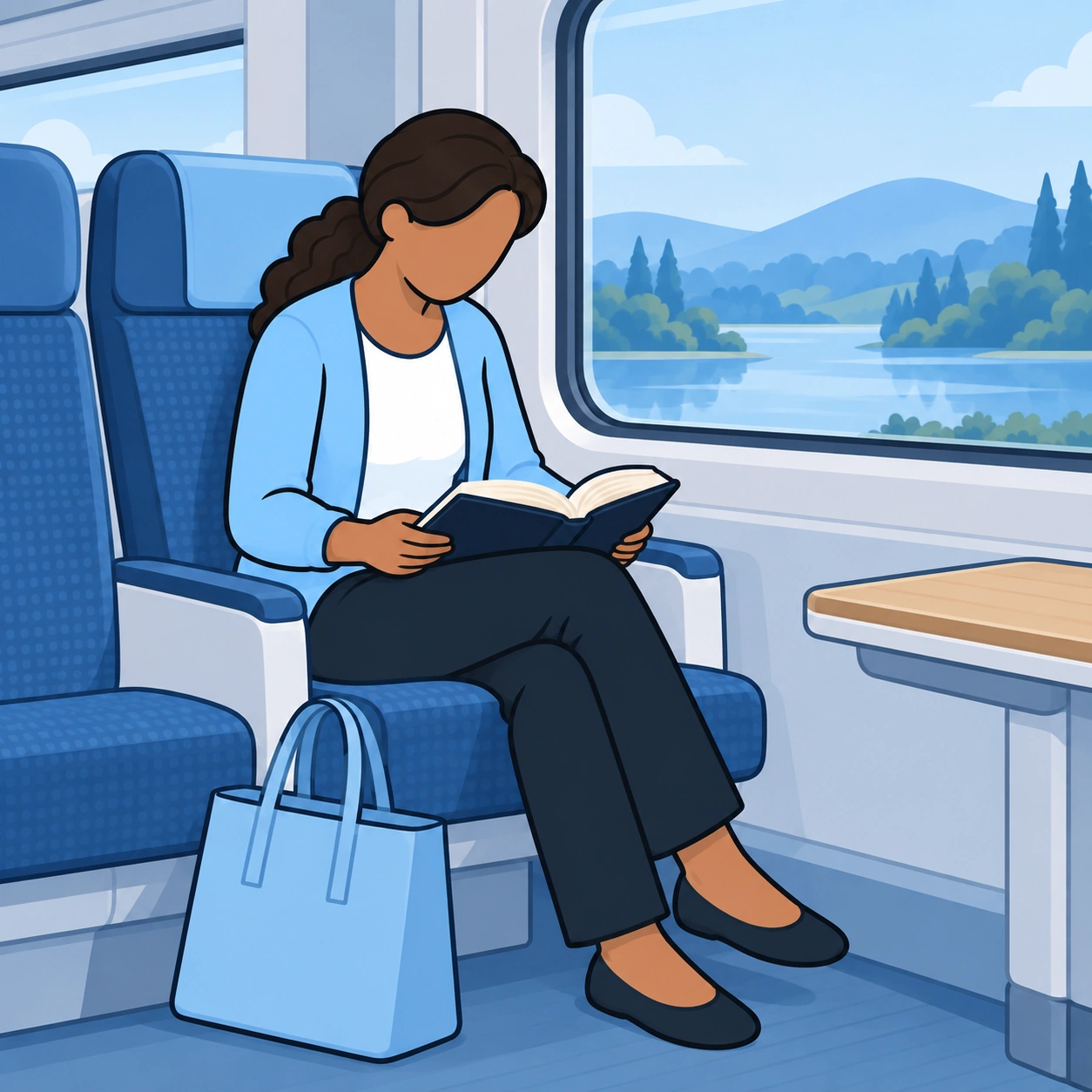 The woman reads a short passage while riding the train.