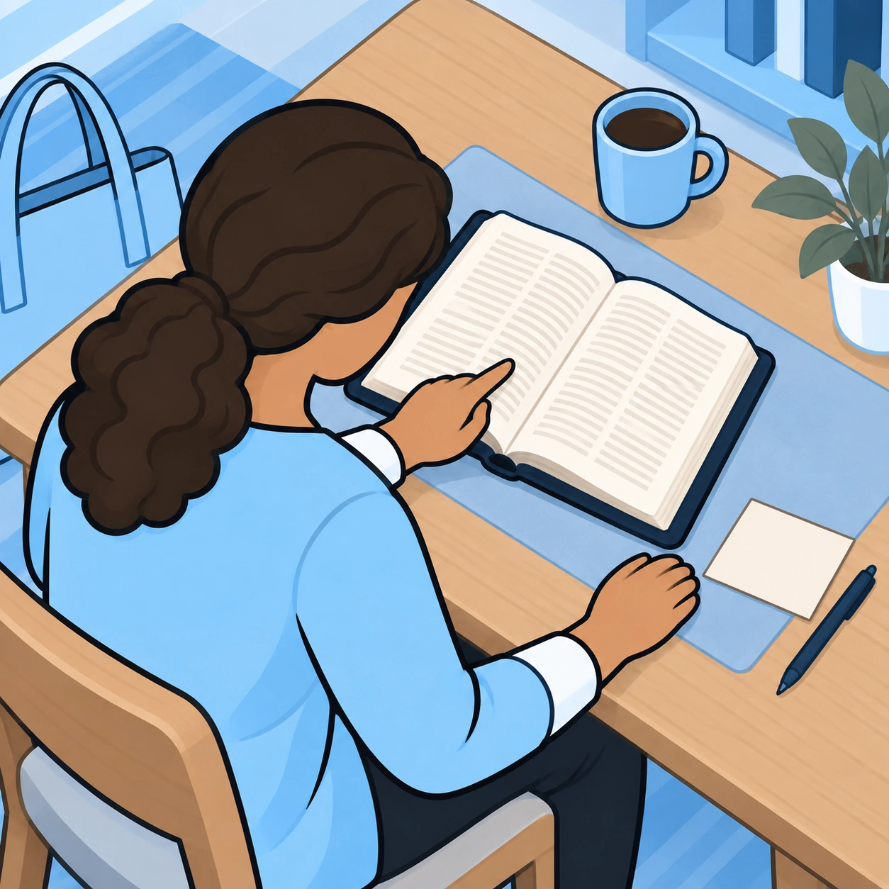 An overhead view shows her following a passage with a note card nearby.