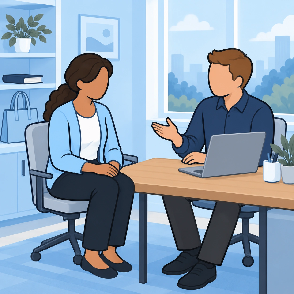 The woman listens patiently to a coworker at a shared desk.