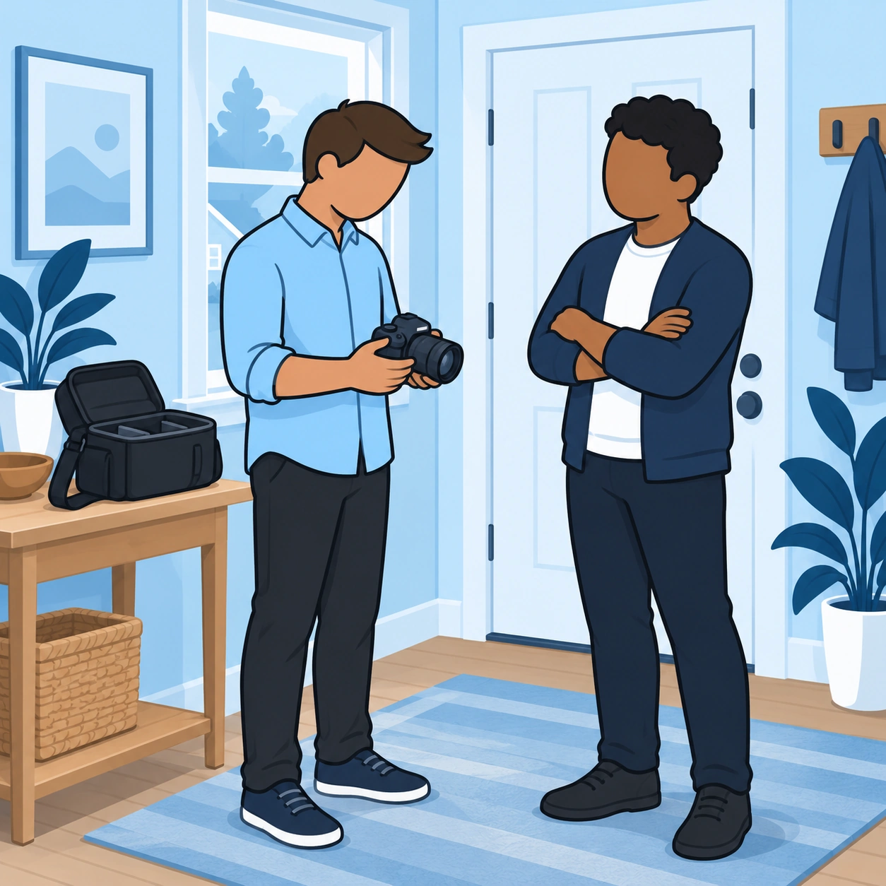 A man holds a borrowed camera while its owner listens with folded arms in a home entryway.