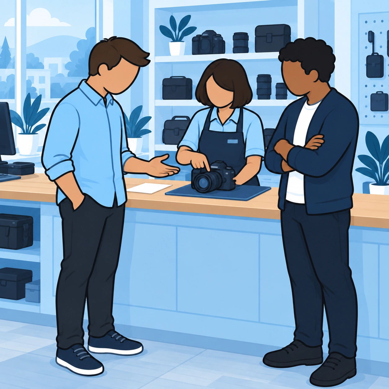 The two men discuss the camera with an assistant at a repair counter.