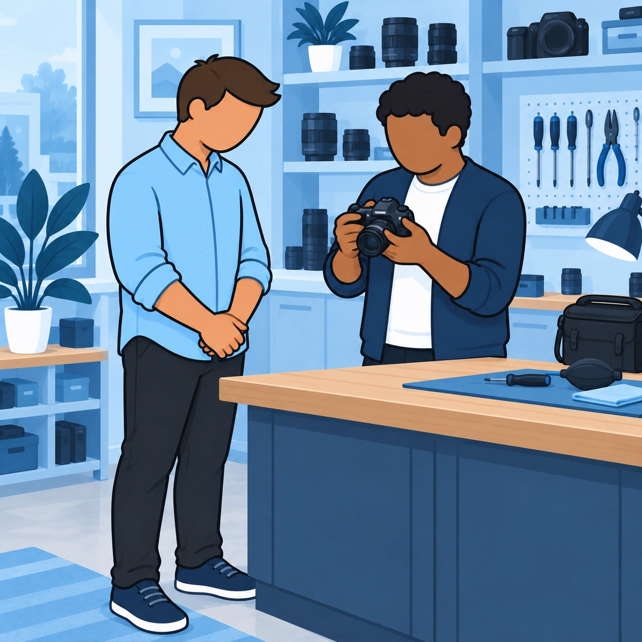 The owner examines the camera while the other man gives him space to check it.