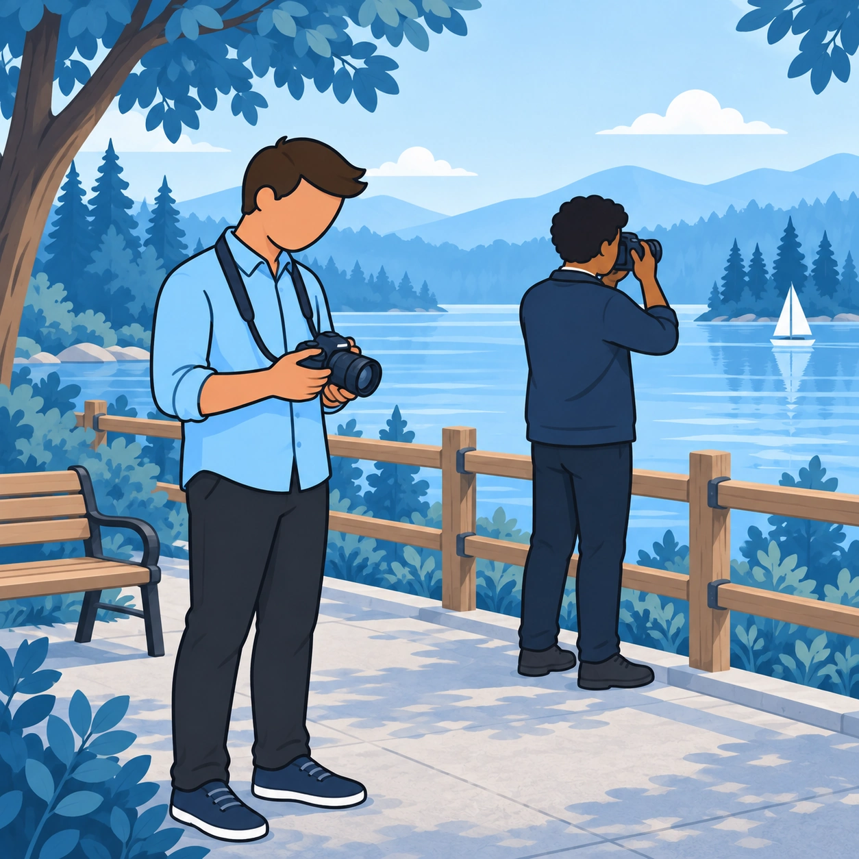The two men use separate cameras at a lakeside park.