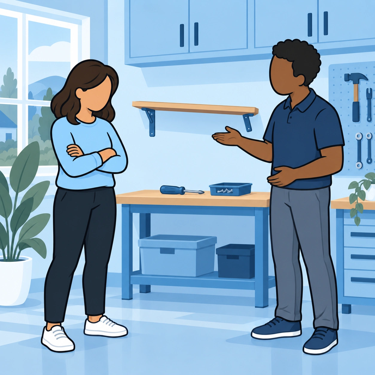 A woman folds her arms while a colleague explains a loose shelf bracket.