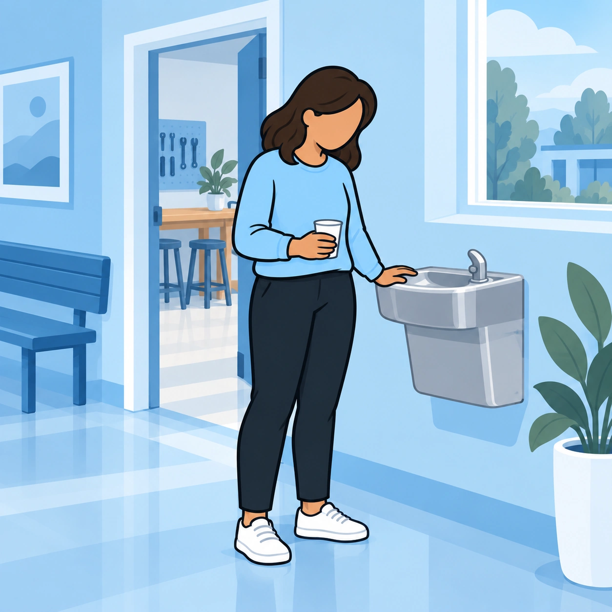 The woman pauses beside a drinking fountain to reflect on the correction.