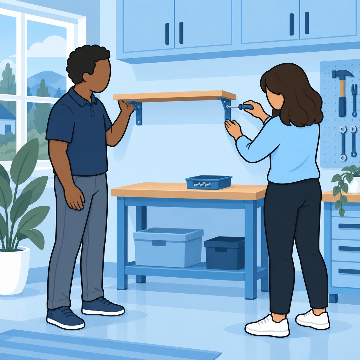 The woman secures a shelf bracket while her colleague supports the shelf.