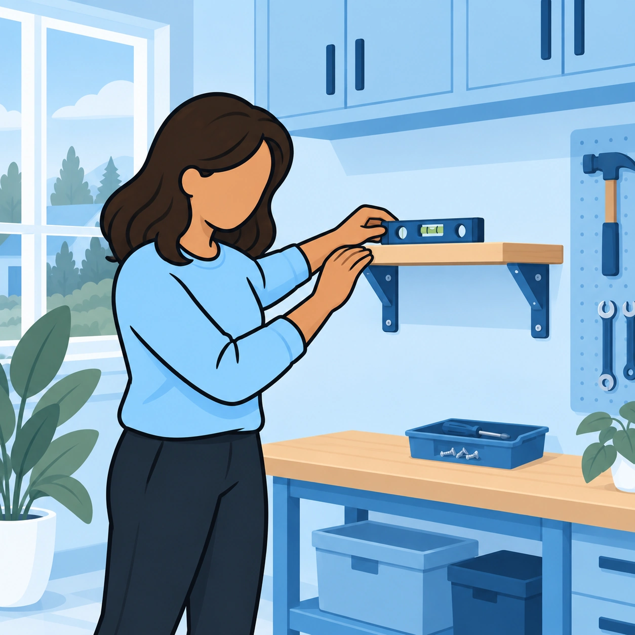 The woman checks the repaired shelf with a spirit level.