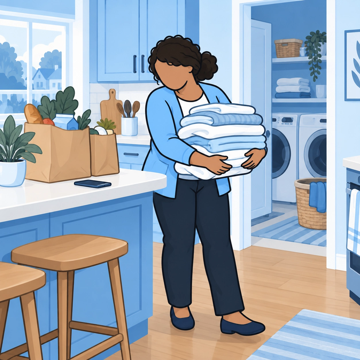 A tired woman carries folded laundry while groceries and a phone wait on the counter.
