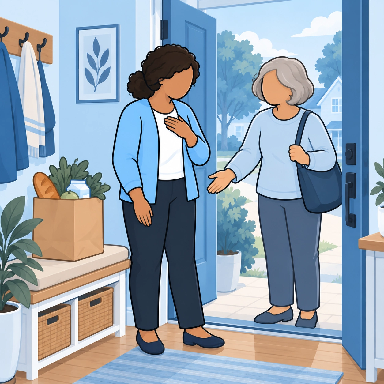An older neighbor offers practical help with a grocery bag at the doorway.