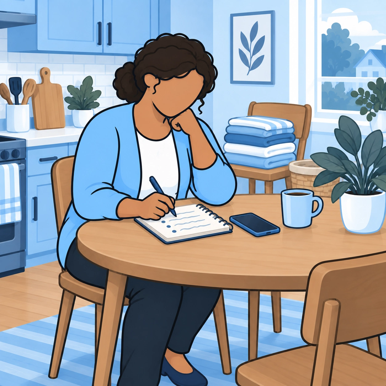 The woman writes a short list of practical help she could ask for.
