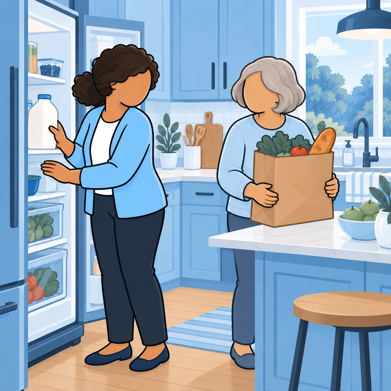 The neighbor brings groceries to the counter while the woman puts milk away.