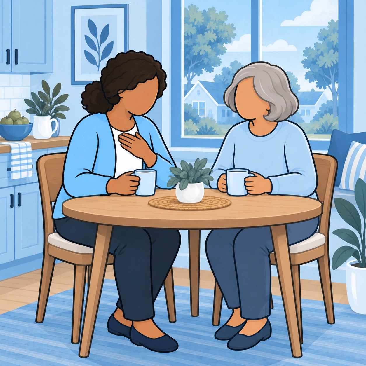The woman thanks her neighbor as they share tea after the household work.