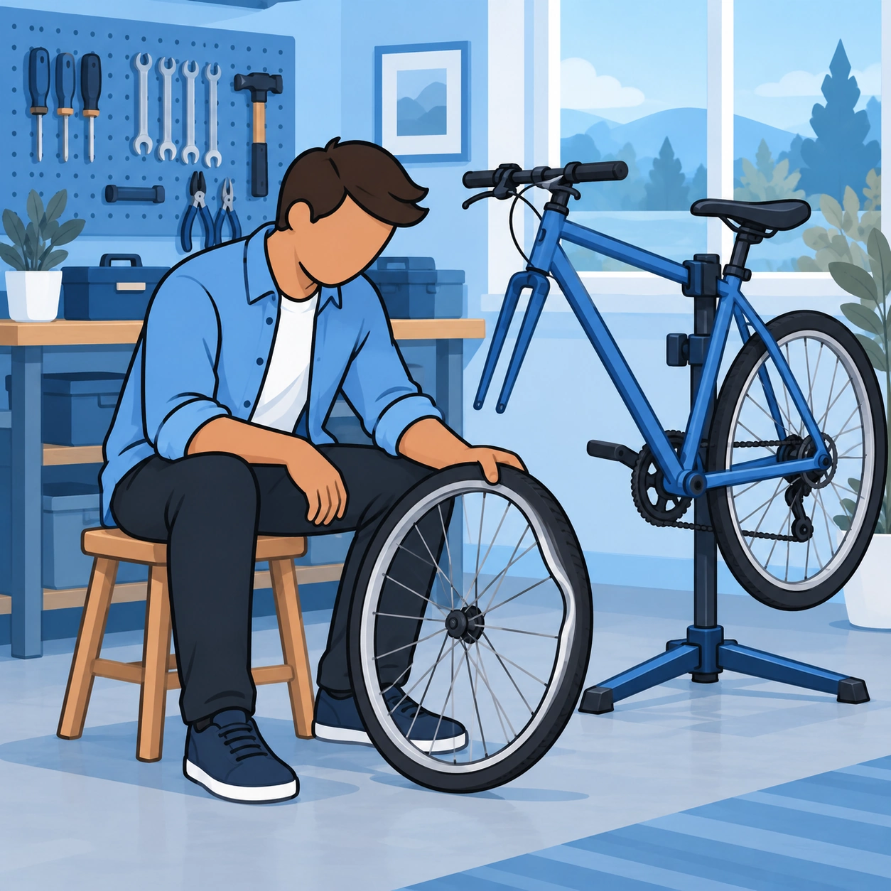 A man examines a damaged detached bicycle wheel in a blue workshop.