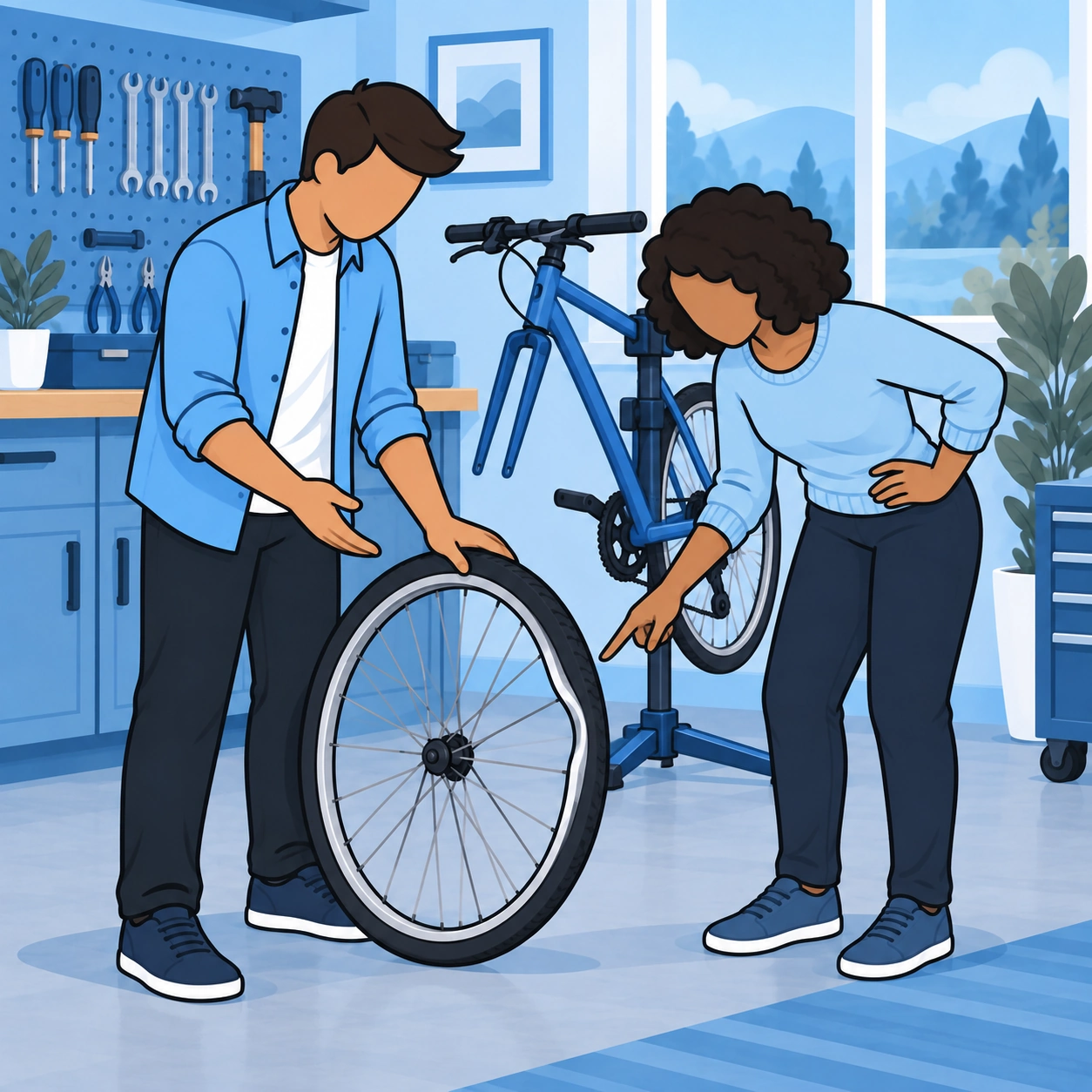The bicycle owner examines the damaged wheel beside the man.