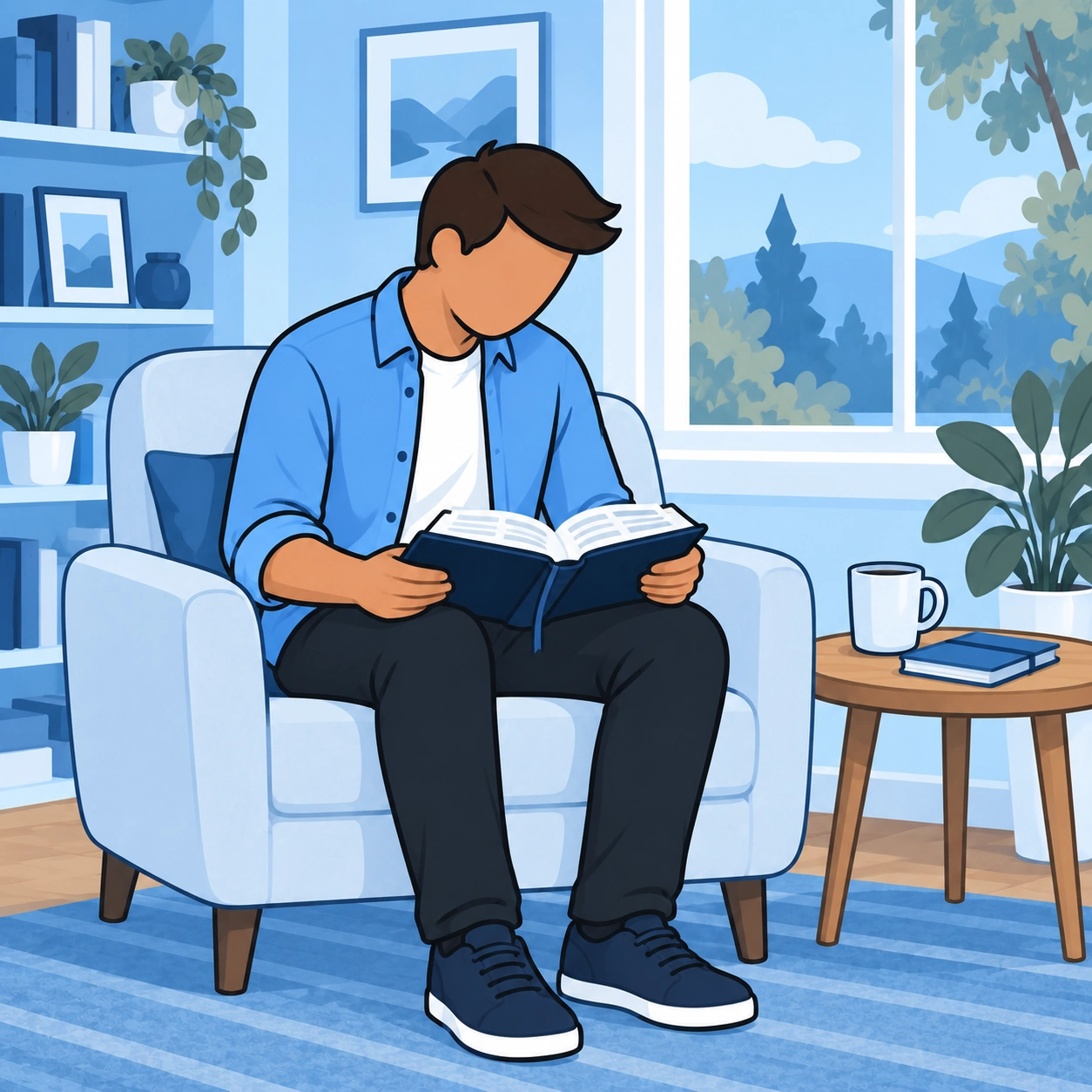 The man reflects with an open Bible on his lap in a quiet reading chair.