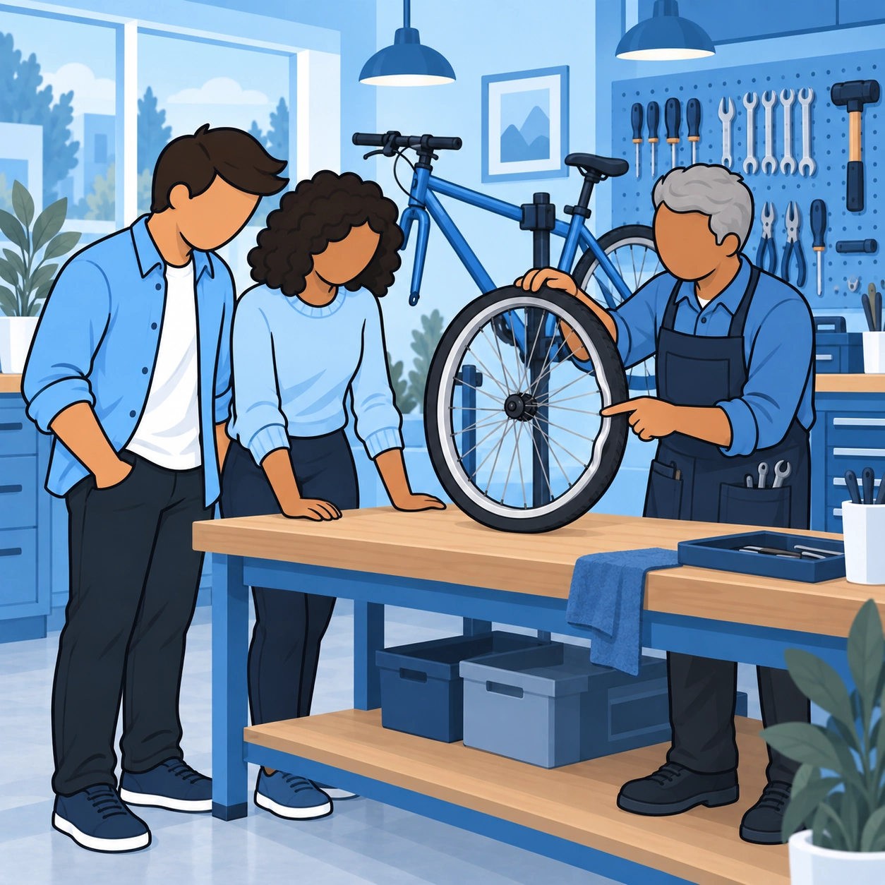 The man and bicycle owner discuss the damaged wheel with a mechanic.