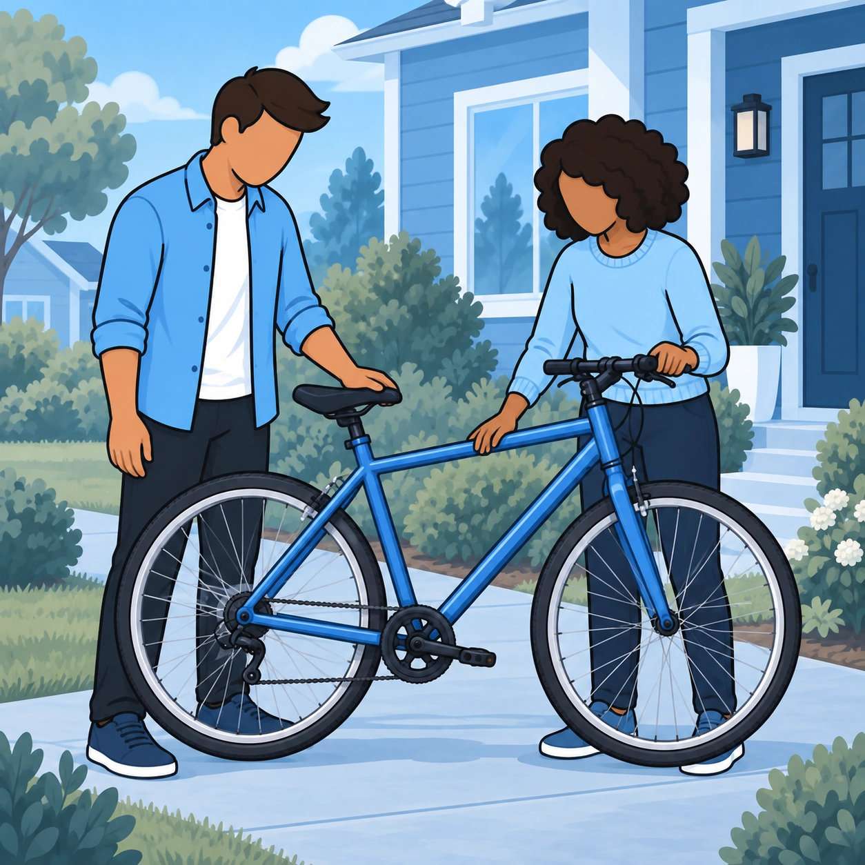 The man returns the repaired blue bicycle to its owner outside her home.