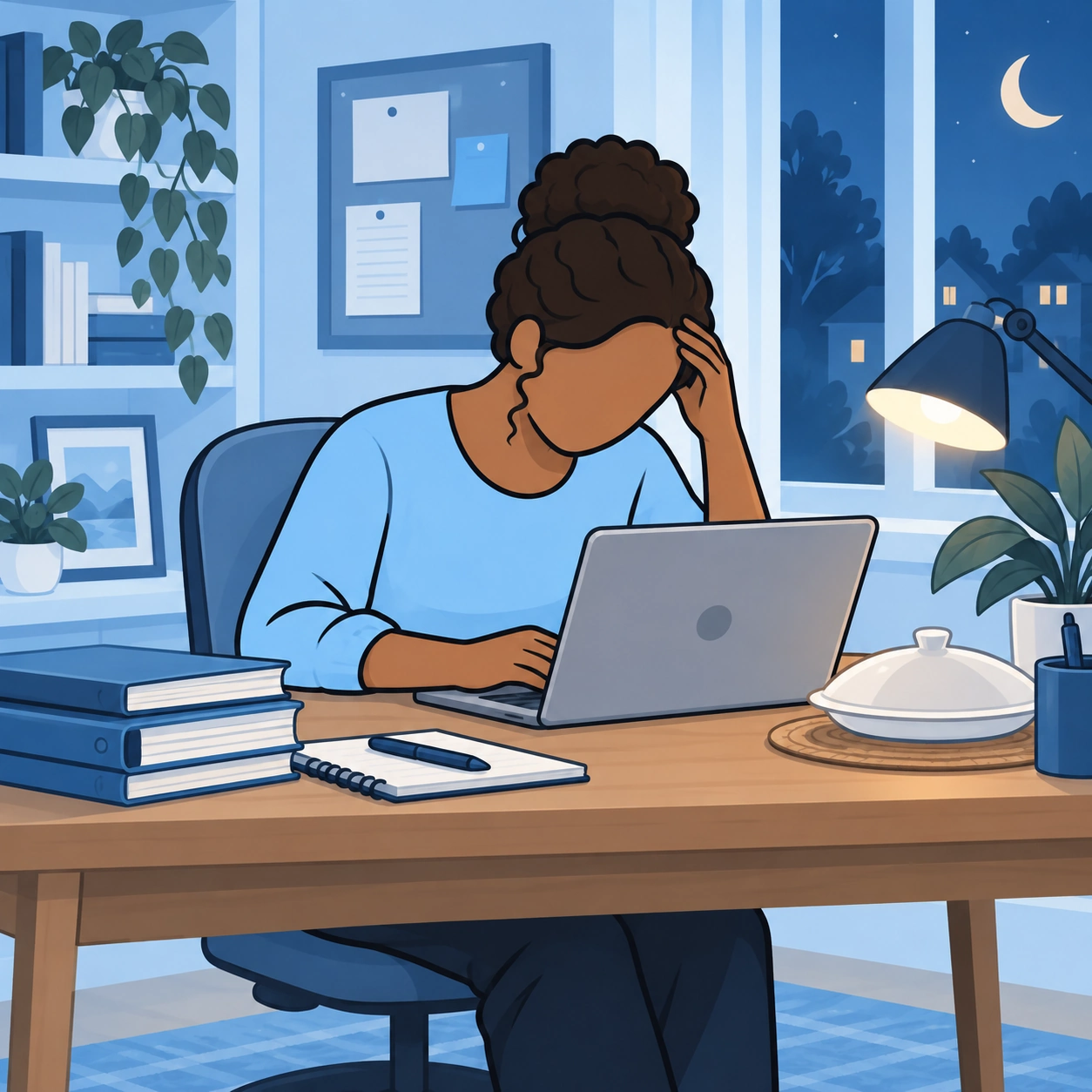 A woman works late while an untouched meal waits beside her desk.