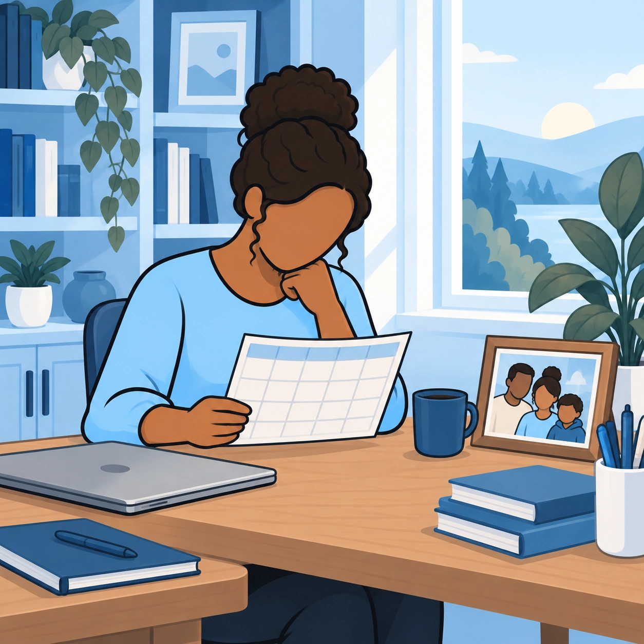 She reviews her calendar beside a family photograph.