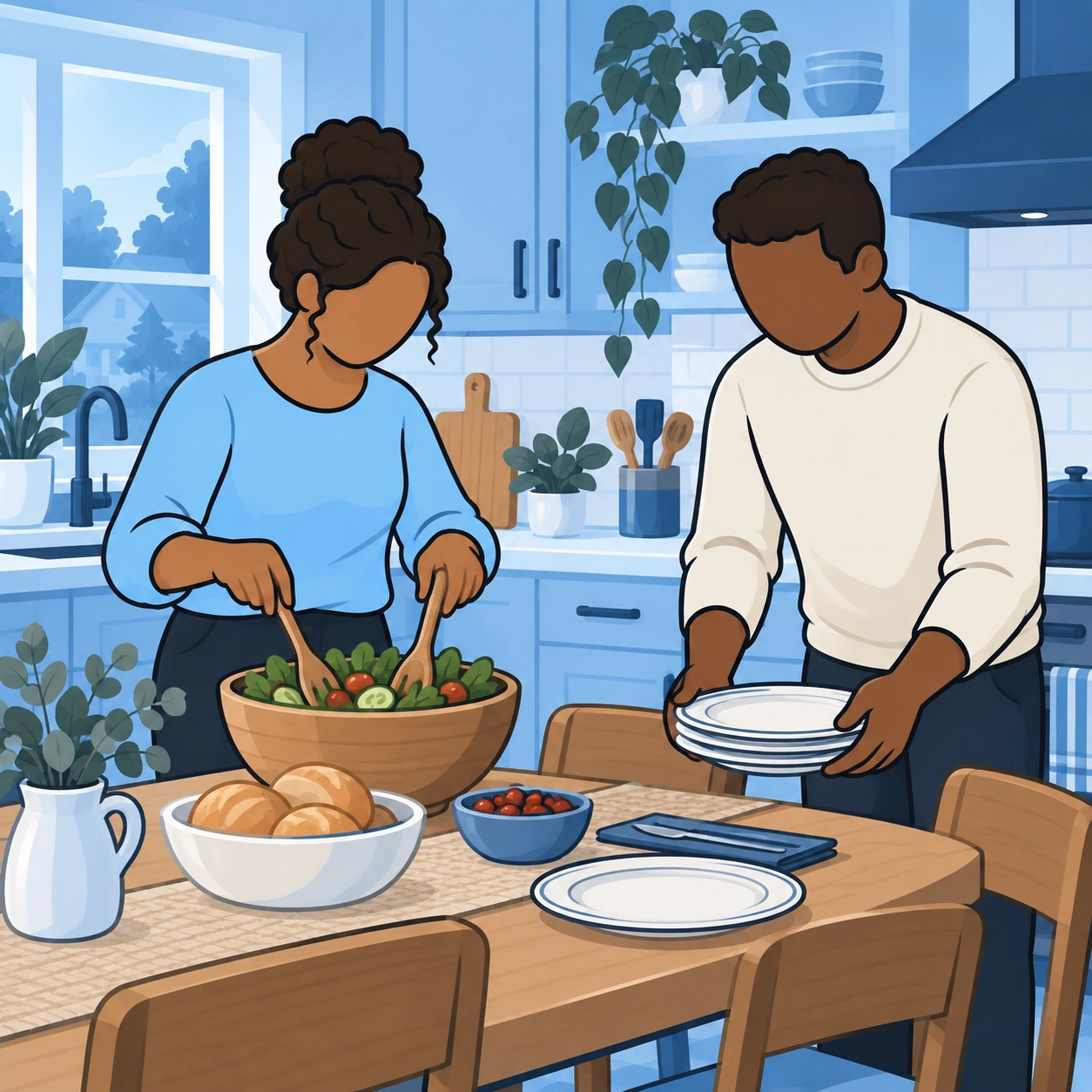 She makes time to prepare a meal with a family member.