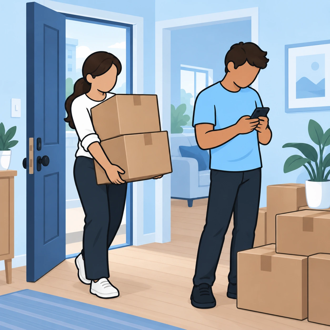 A sister carries moving boxes while her brother remains distracted by his phone.