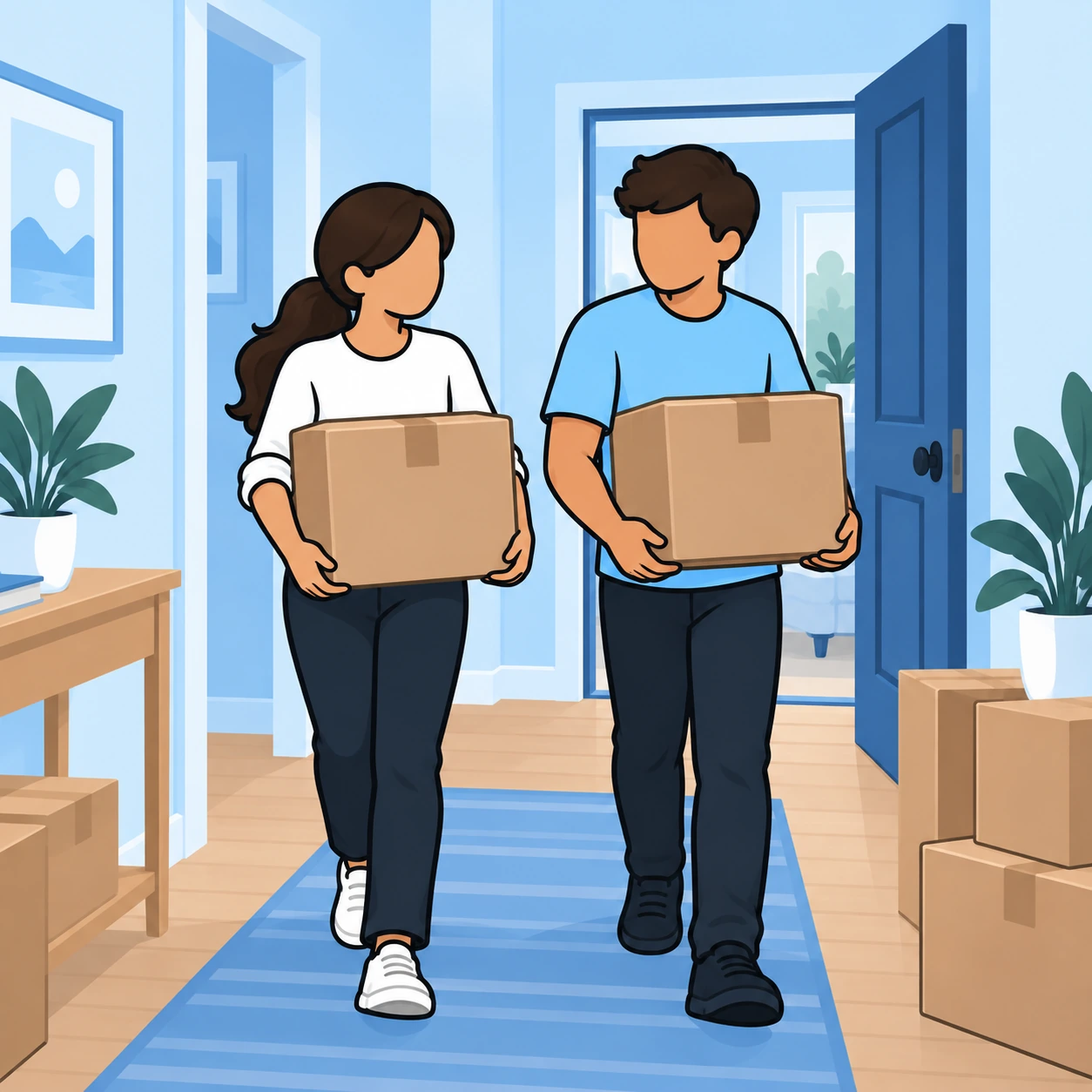 The siblings share the moving work, each carrying one manageable box.