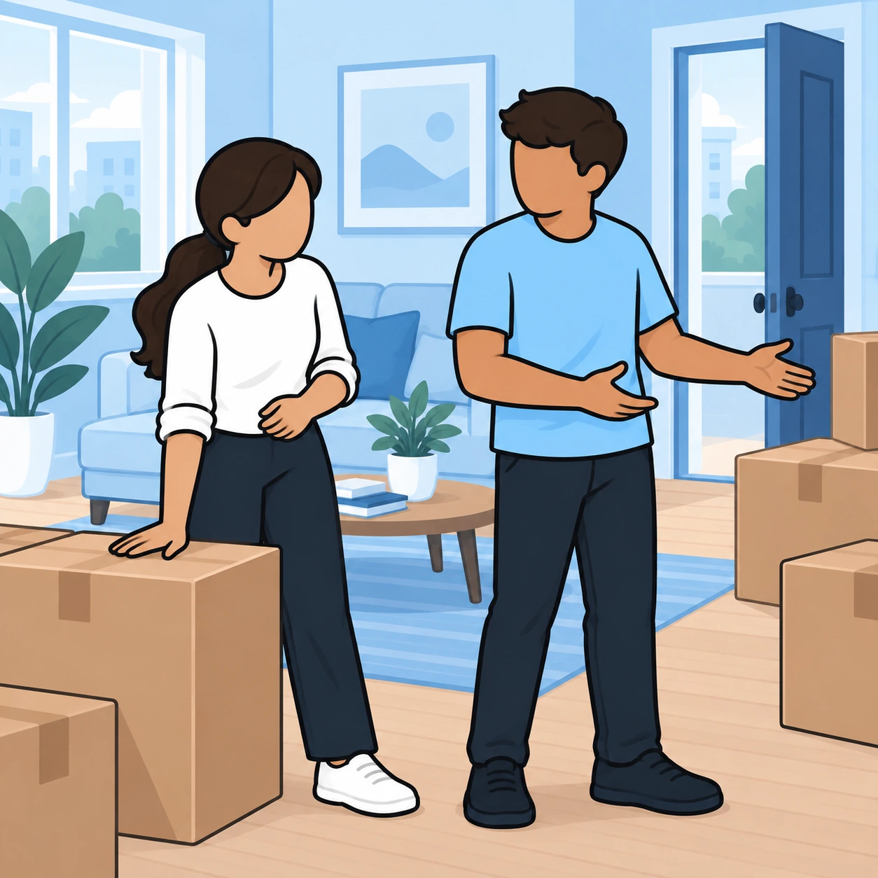 The sister pauses to consider her capacity as her brother asks about the remaining boxes.