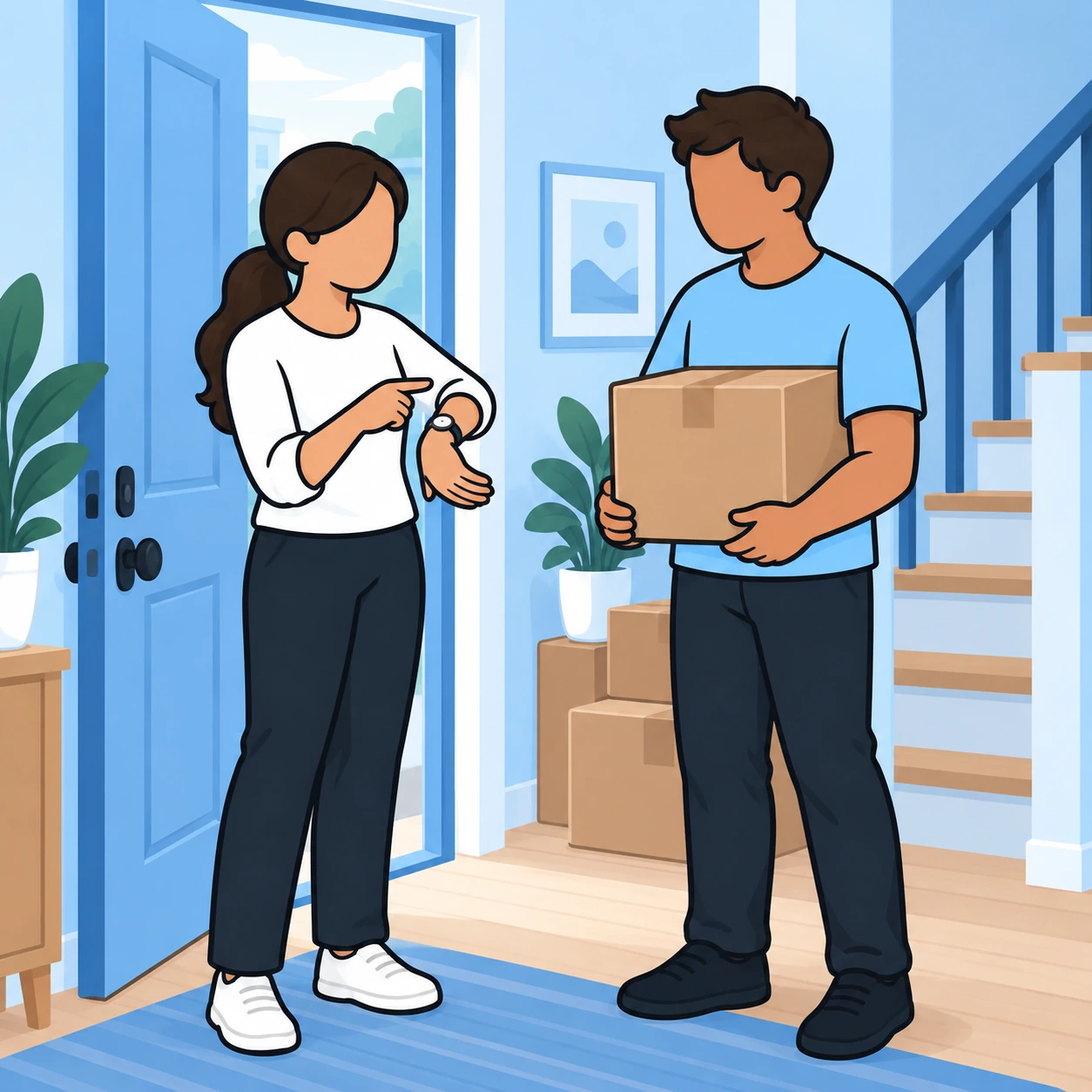 The sister calmly explains how much time she can offer while her brother holds his own box.
