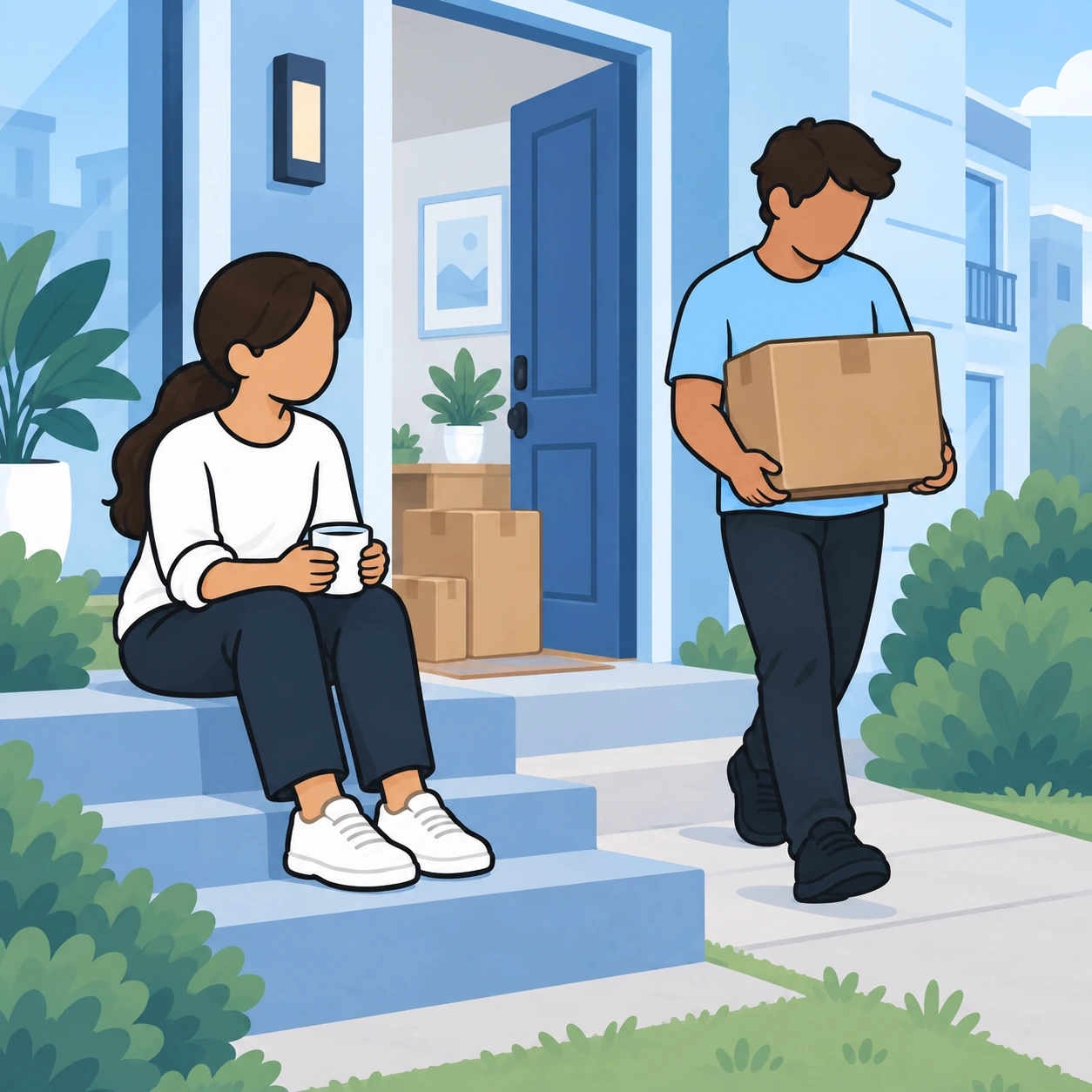 The sister rests on the steps while her brother continues carrying boxes himself.
