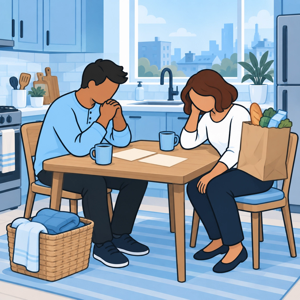 A tired couple sits at a kitchen table surrounded by household tasks.