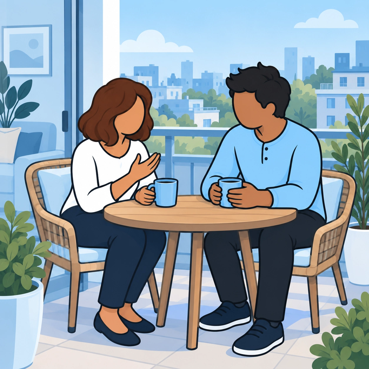 A couple listens to each other over mugs at a balcony table.