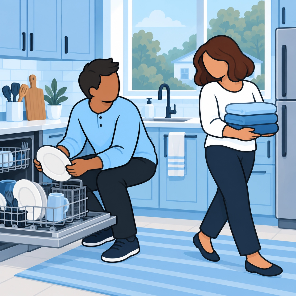 A husband pauses while unloading the dishwasher as his wife carries towels past.