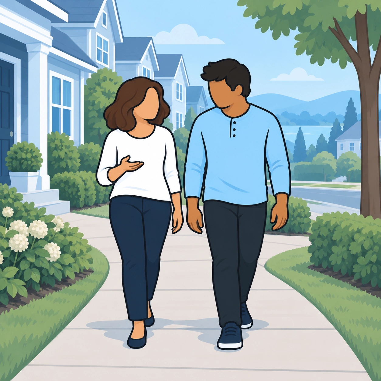 A couple walks along a neighborhood path while talking.