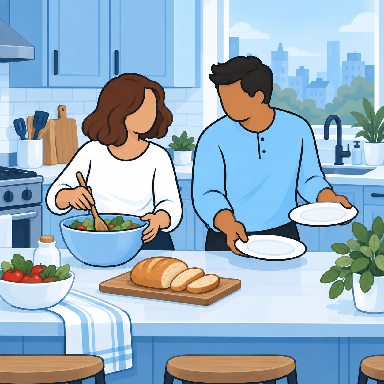 A couple prepares a meal together while turning toward each other.
