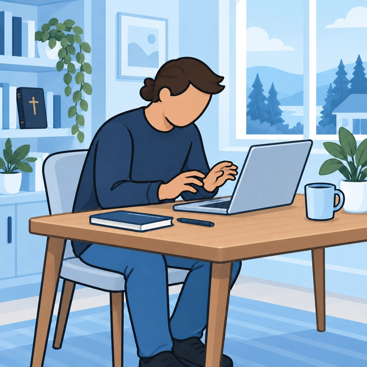 A man sits tensely in front of an open laptop.