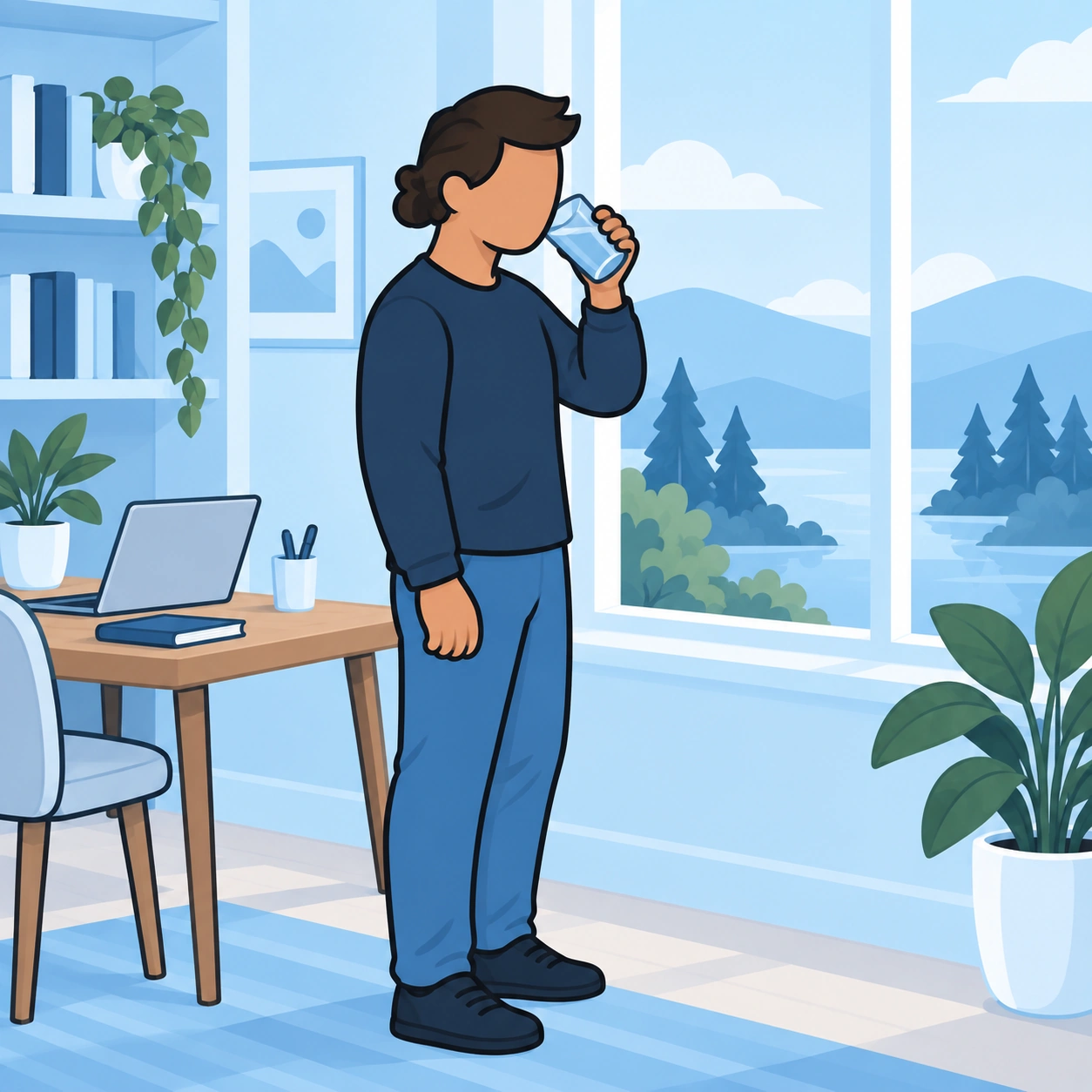He steps away and drinks water beside a window.