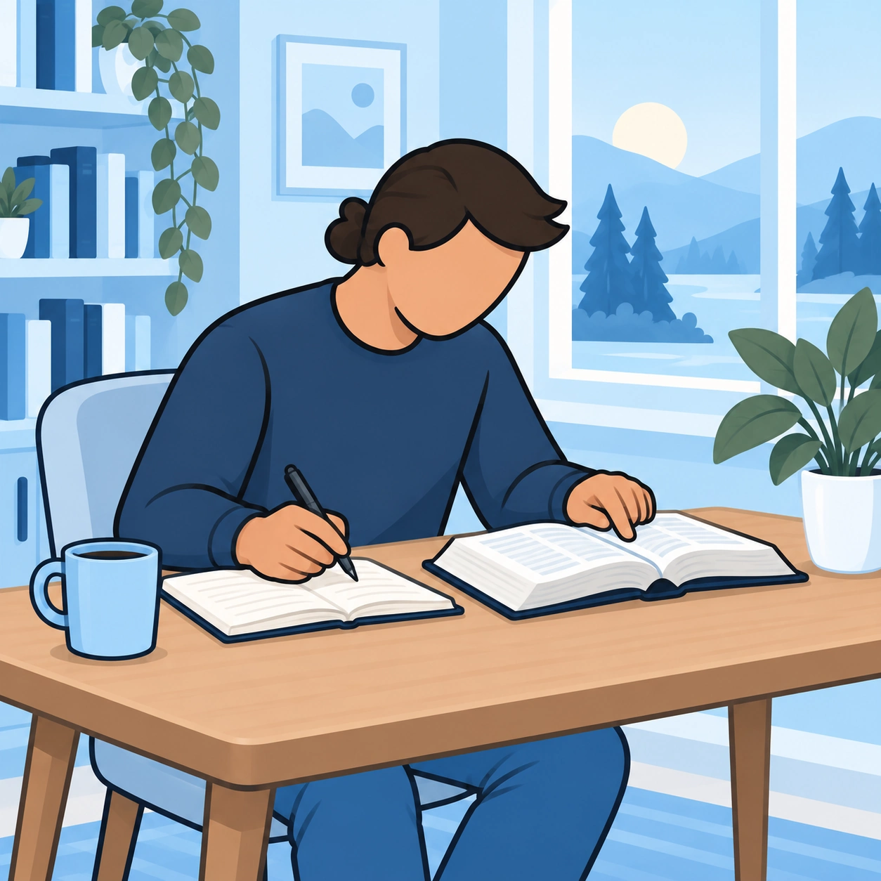 He reads a book with a notebook open beside him.