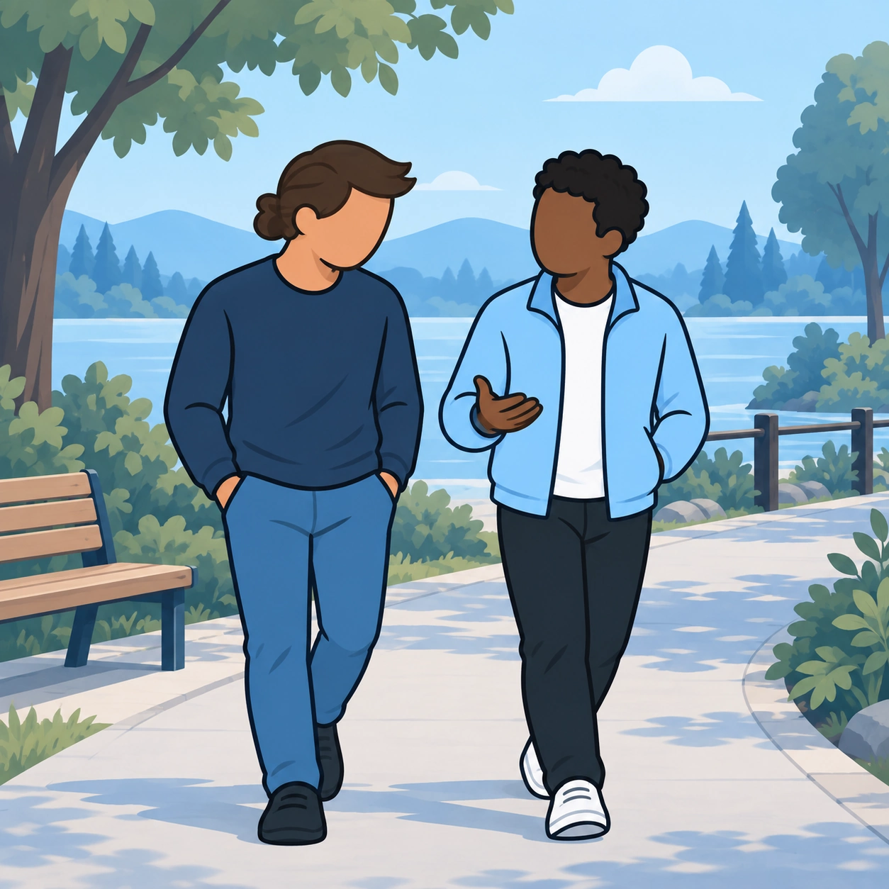 He walks beside a friend outdoors.