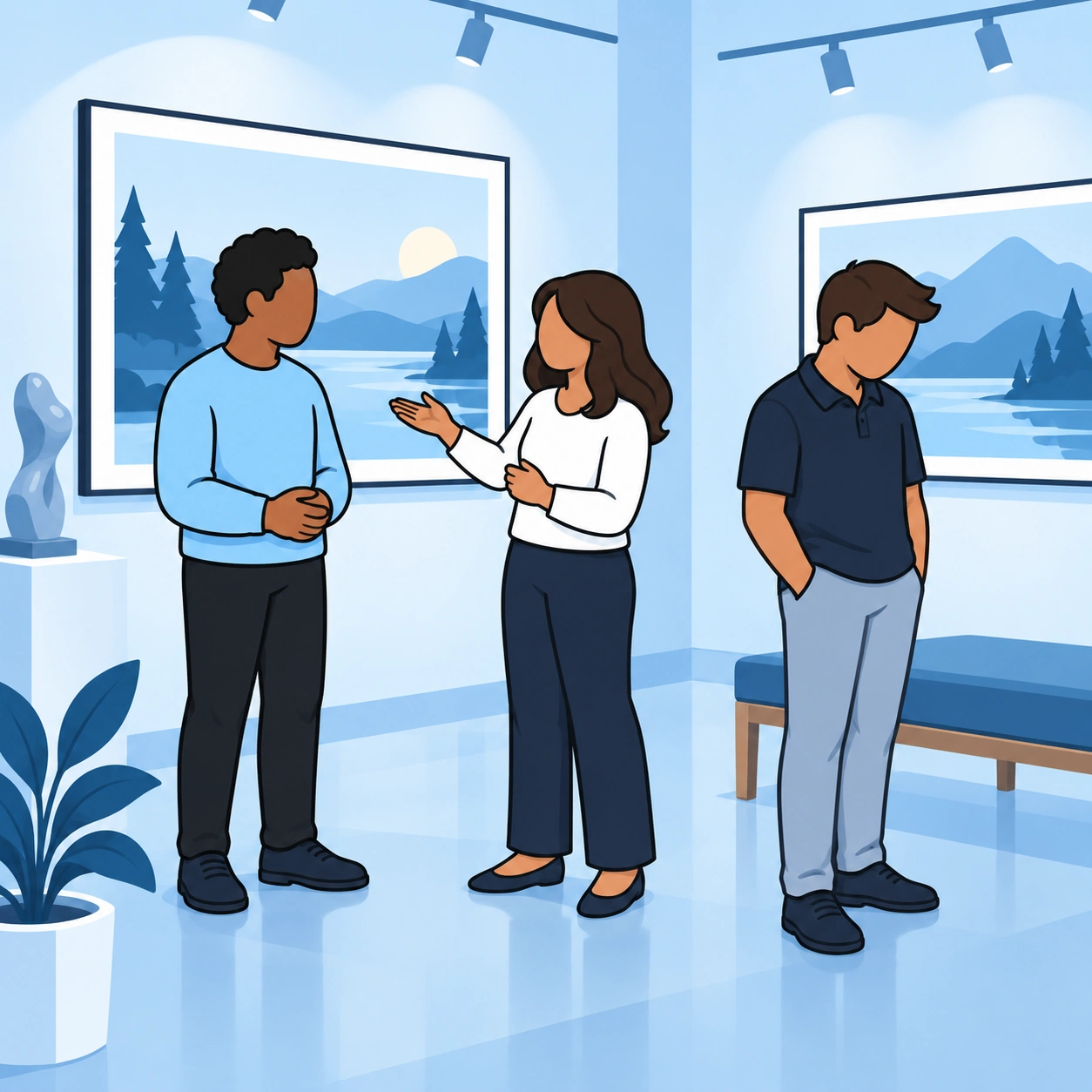 An artist receives attention at his gallery exhibit while his friend stands apart.