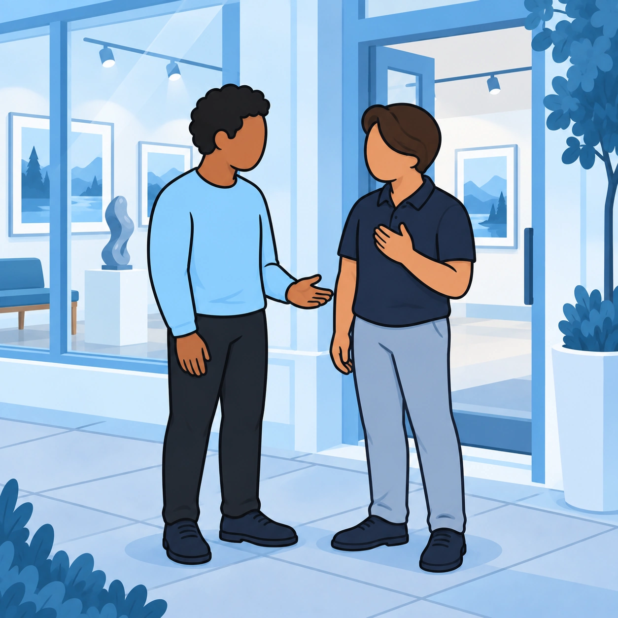 Two friends have a quiet conversation outside an art gallery.