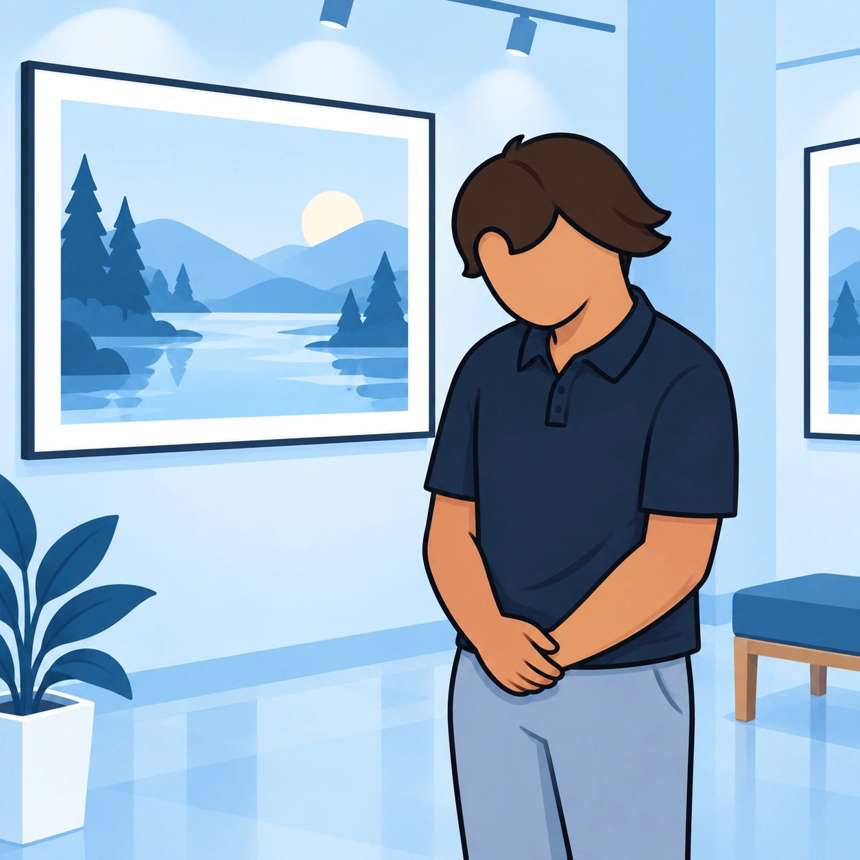 A friend pauses with his head lowered beside a landscape painting.